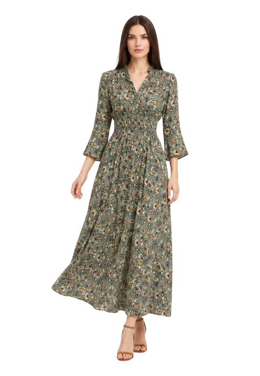 Sally Long Dress Army Green Flower image