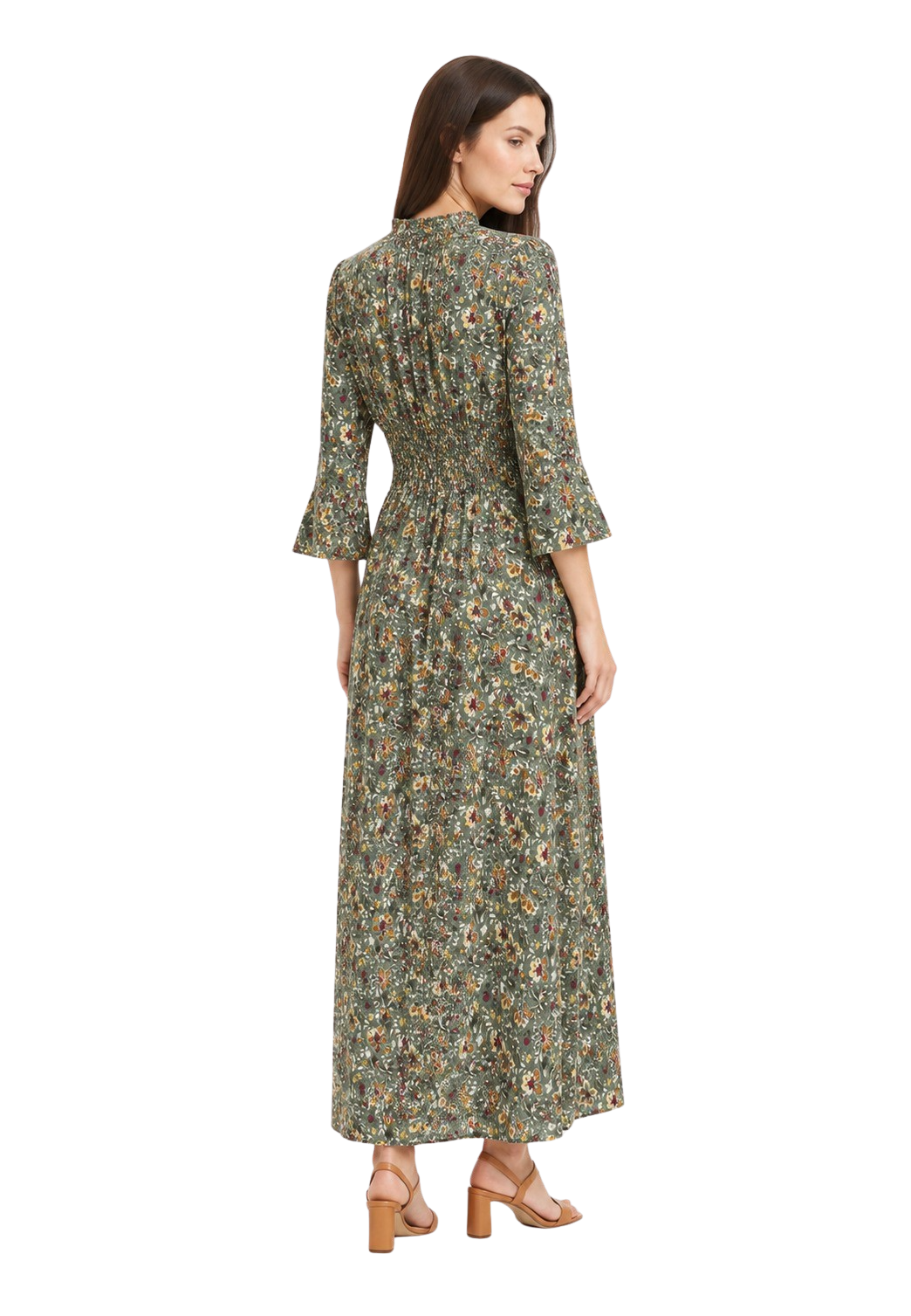 Sally Cotton Long Dress Green Multi Small Flower model