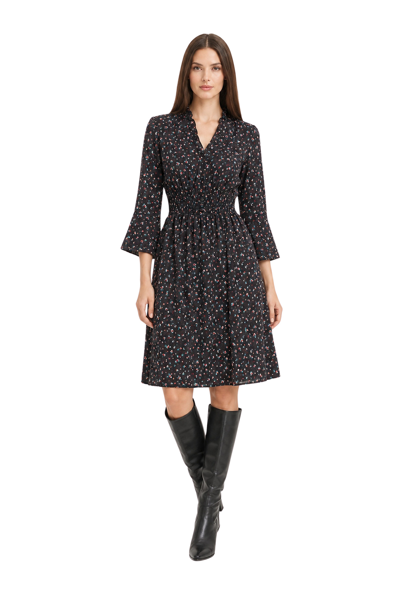 Sally Cotton Short Dress Black w/ Mixed Flower image