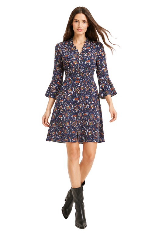 Sally Cotton Short Dress Blue Multi Small Flower image