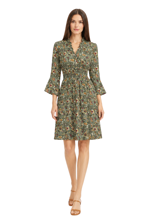 Sally Cotton Short Dress Green Multi Small Flower image