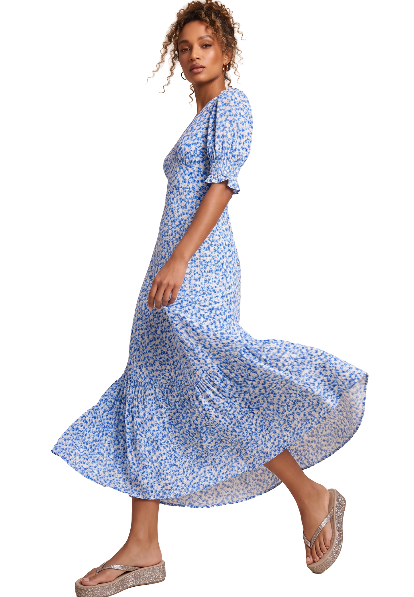 Koko Dress Long Open Back Blue / White Flower