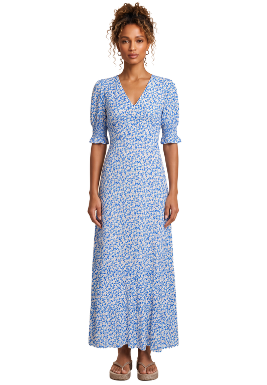 Koko Dress Long Open Back Blue / White Flower