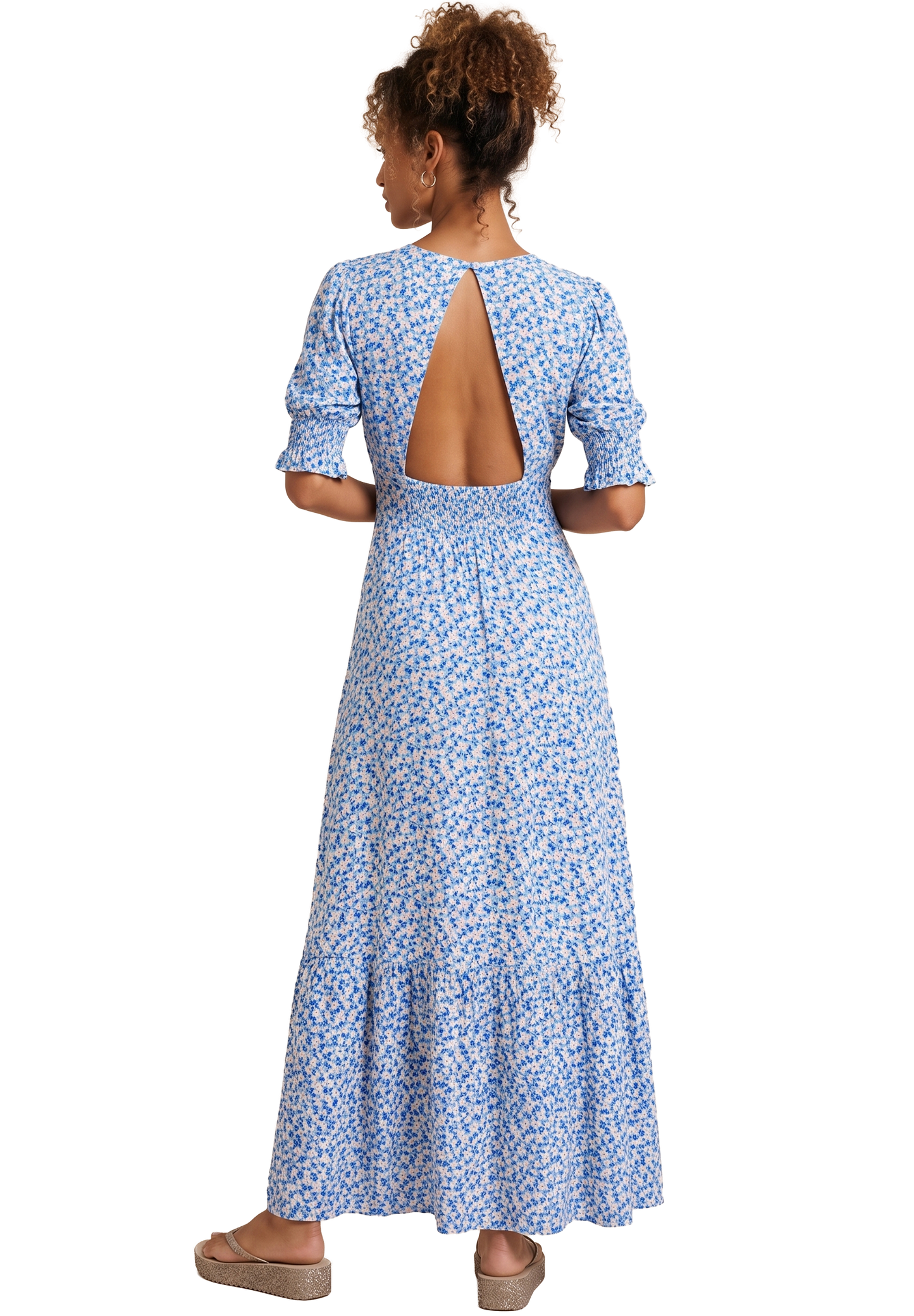 Koko Dress Long Open Back Blue / White Flower