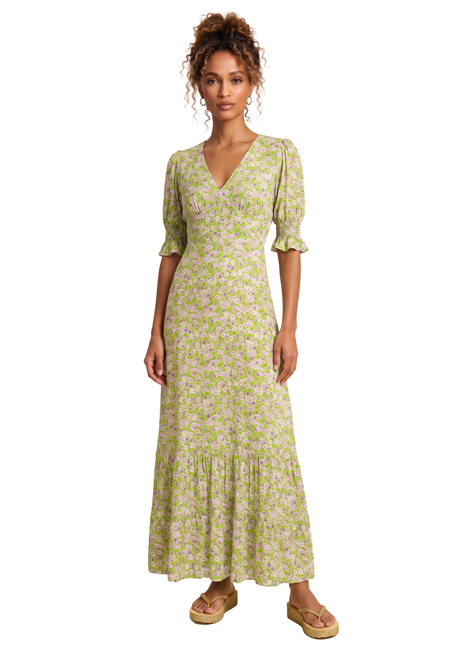 Koko Dress Long Open Back Green Purple Flower