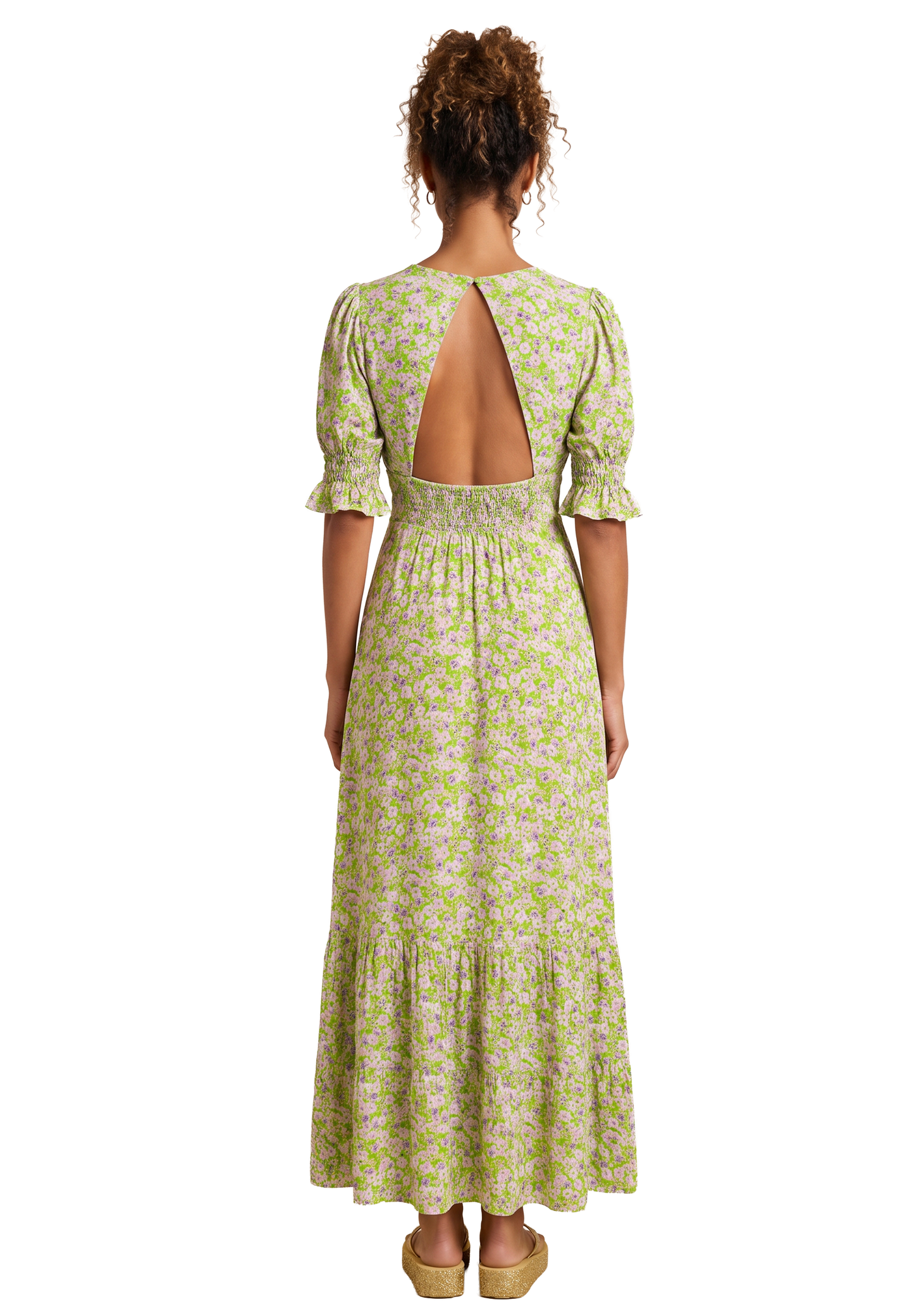 Koko Dress Long Open Back Green Purple Flower