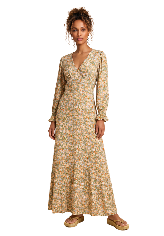 Koko Dress Long Closed Back Dusty Green Flower