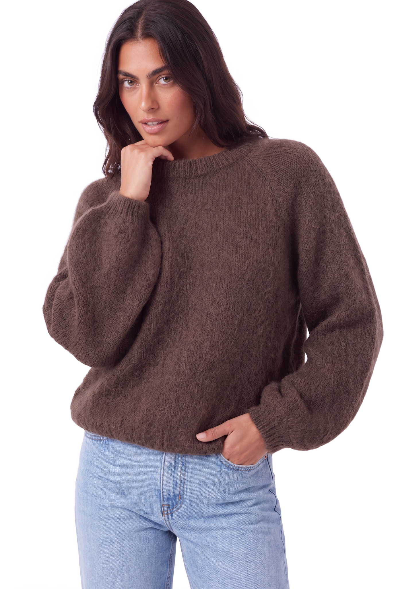Rosie Mohair Knit Pullover Cocoa model image close-up