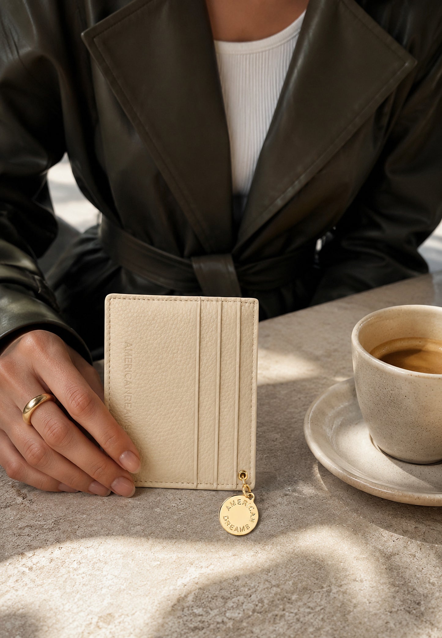 Signature Card Holder Leather with Charm Beige