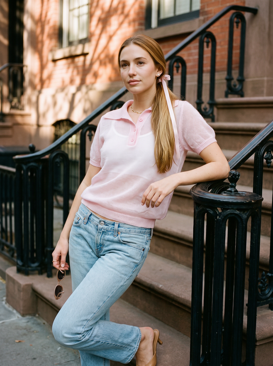 Clara Short Sleeve Knit Polo Light Pink - NYC street style