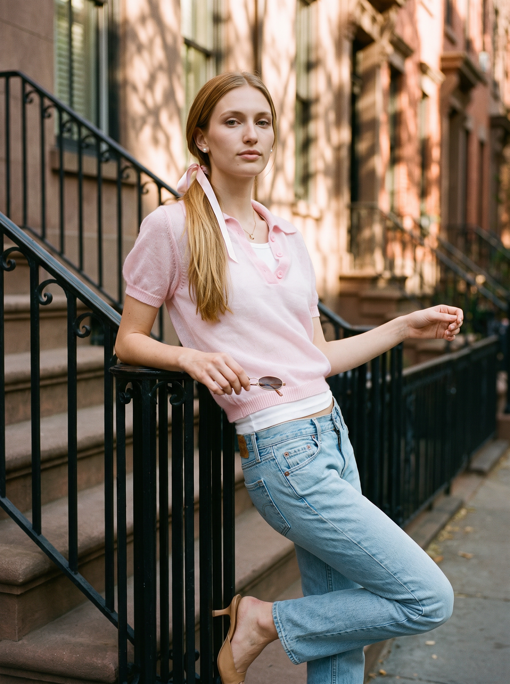 Clara Short Sleeve Knit Polo Light Pink - NYC street style