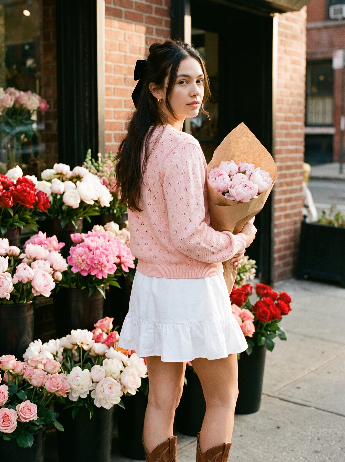 Elodie Pointelle Cardigan Peach - NYC street style