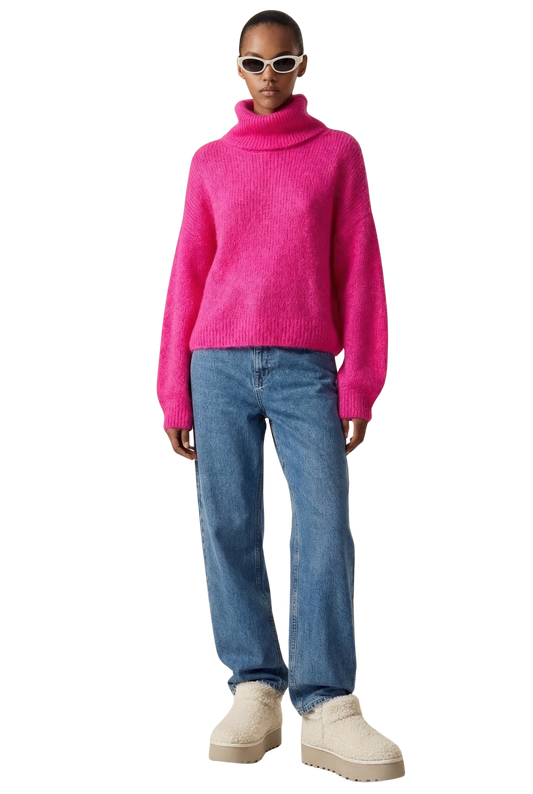 Andrea Rollneck Cropped Alpaca Pullover Neon Pink