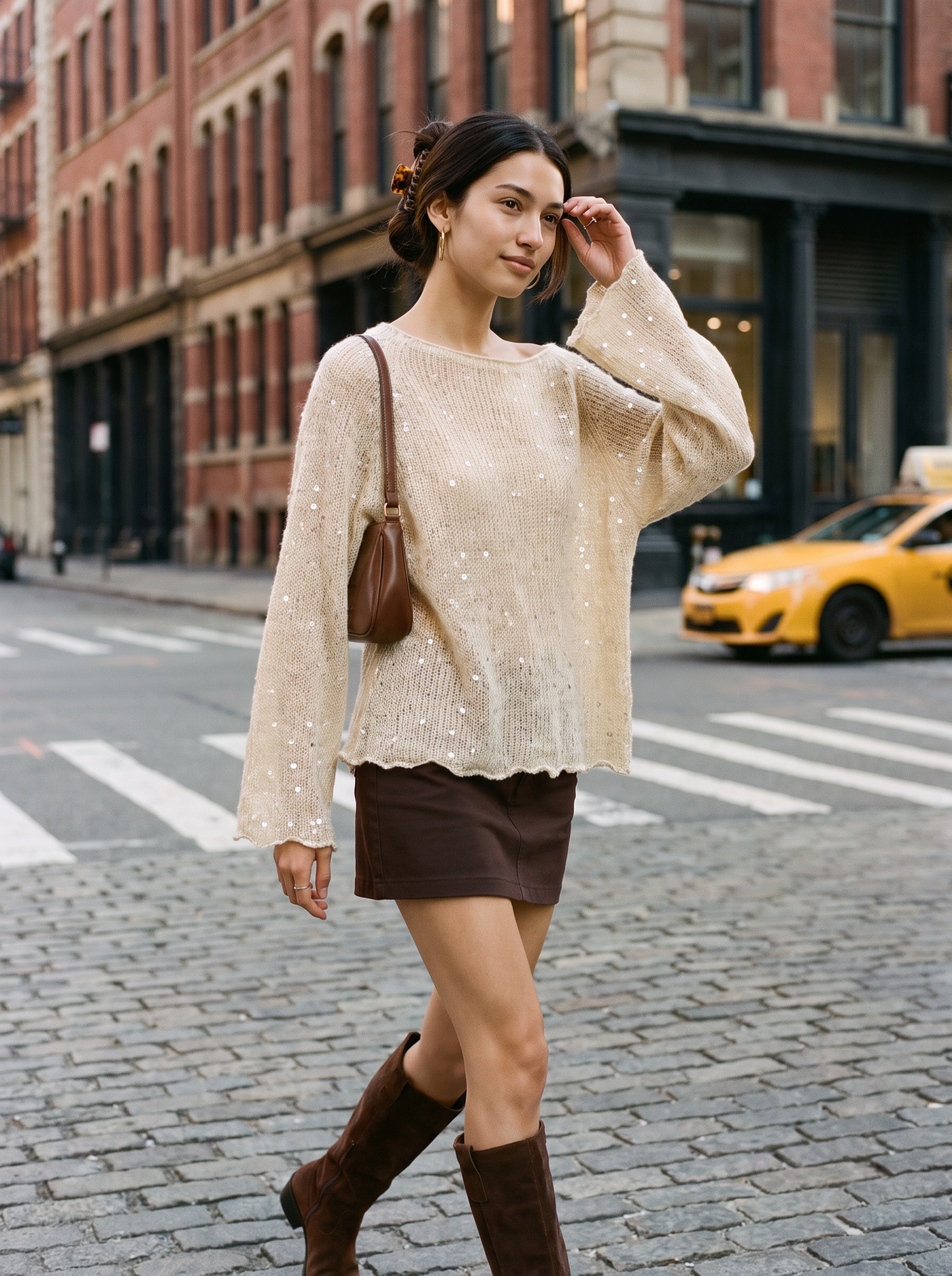 Anya Shimmer Pullover Cream – NYC street style