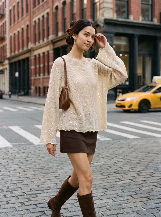 Anya Shimmer Pullover Cream – NYC street style