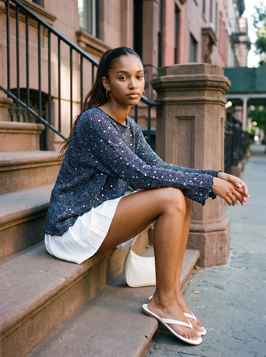 Anya Shimmer Pullover Navy Blue – NYC street style