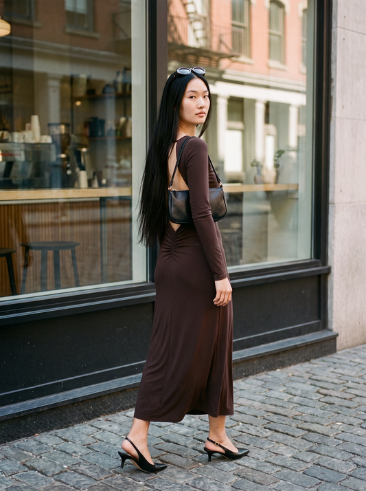 Scarlett Long Open Back Dress Dark Brown – NYC street style