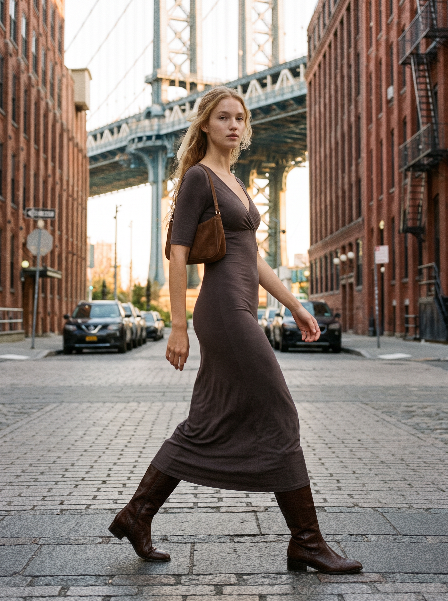 Talia Half Sleeve V-Neck Long Dress Dark Taupe – NYC street style