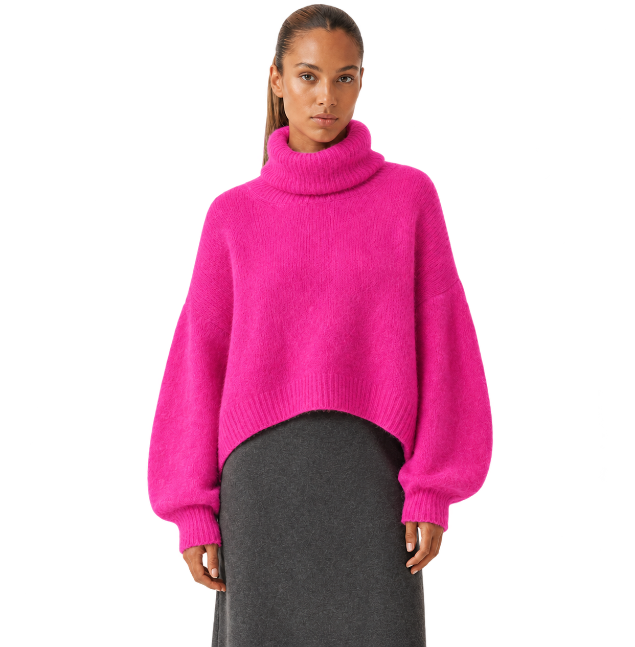 Andrea Rollneck Cropped Alpaca Pullover Neon Pink image
