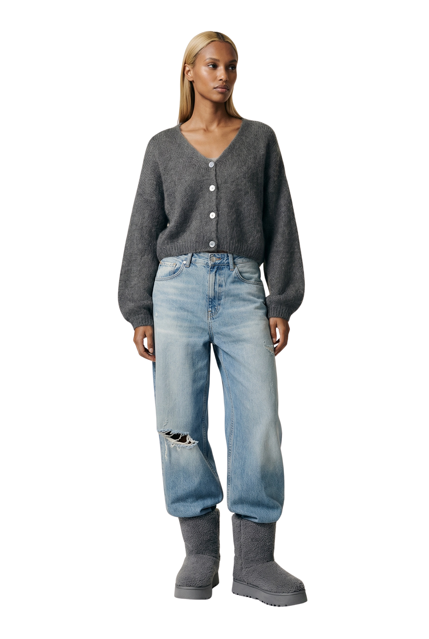 CBDRロゴ刺繍グレーセーター ORAGON Cornelia Cropped Cardigan Anthracite Grey | Americandreams