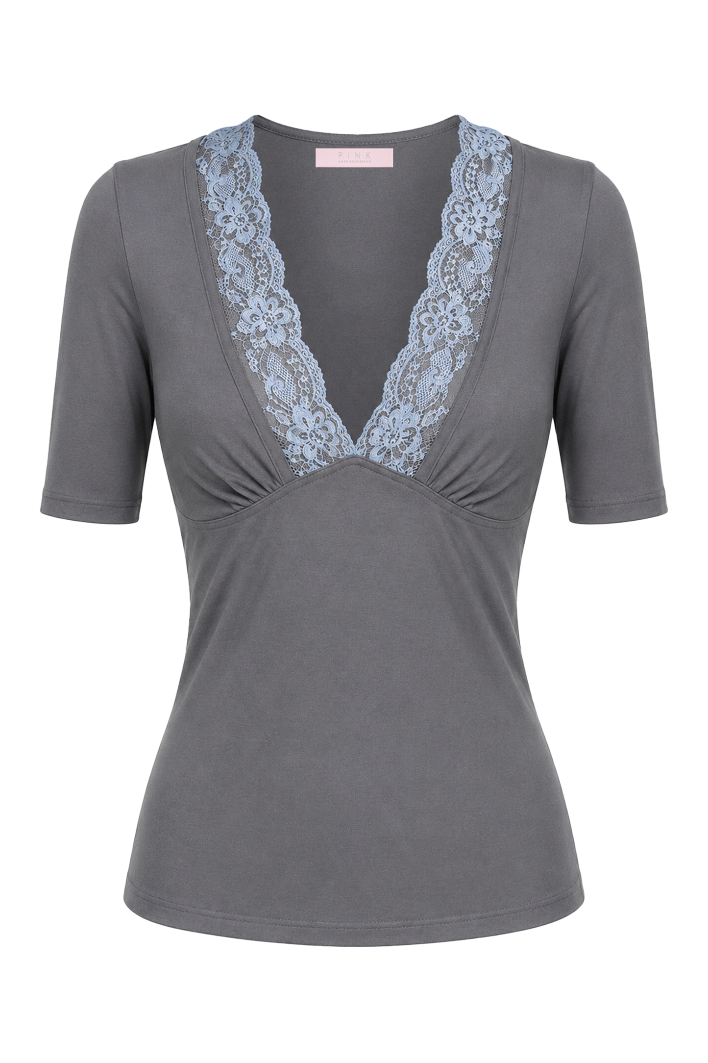 Elara V-Neck Lace Trim Shirt Dark Grey / Blue Lace
