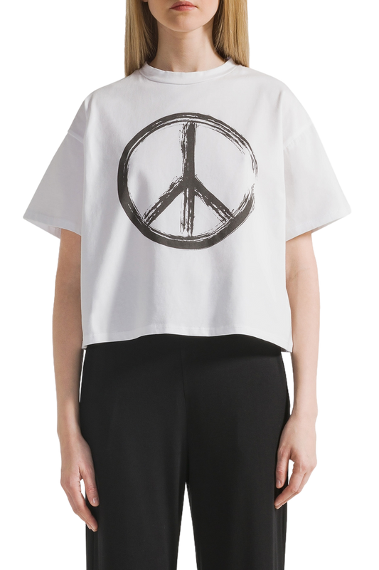 T-Shirt Cropped White Peace Cotton Tee W/ Black Letters