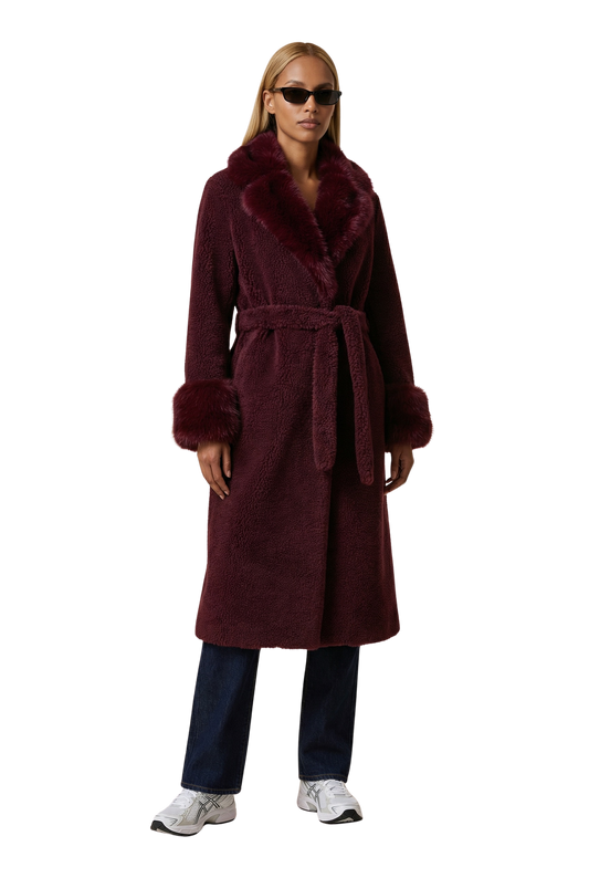 Farah Belted Teddy Coat Bordeaux