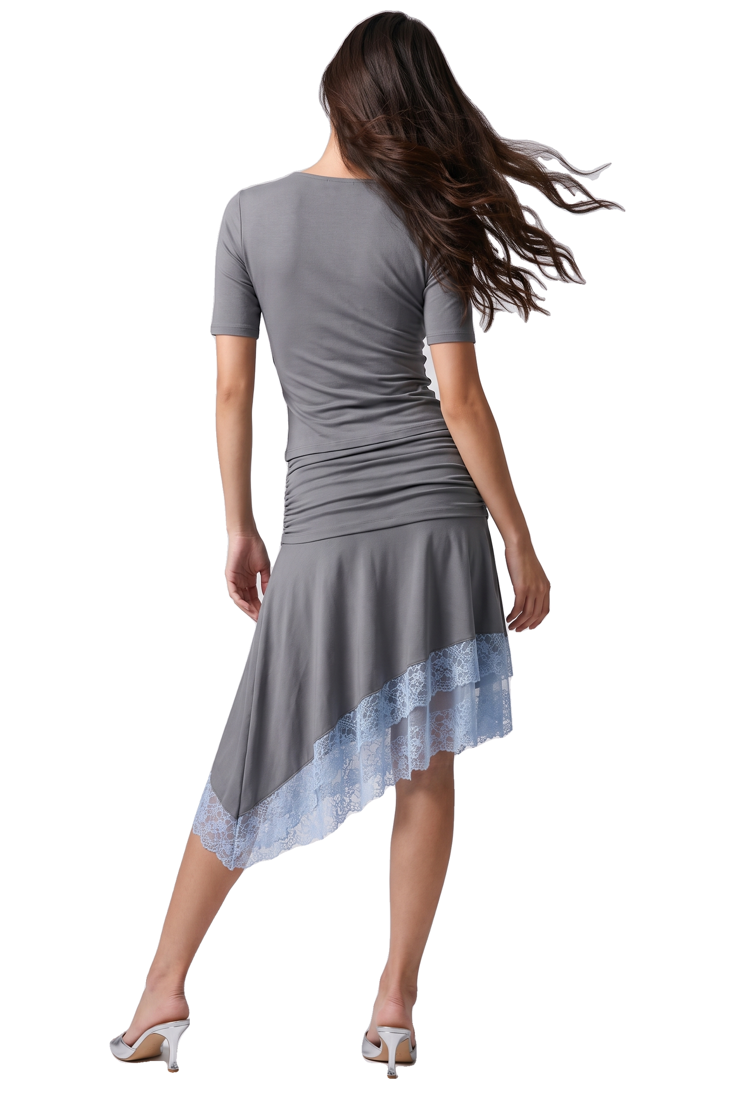 Elara V-Neck Lace Trim Shirt Dark Grey / Blue Lace image