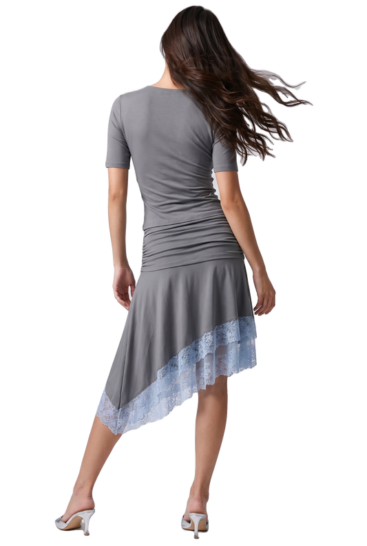 Elara V-Neck Lace Trim Shirt Dark Grey / Blue Lace image