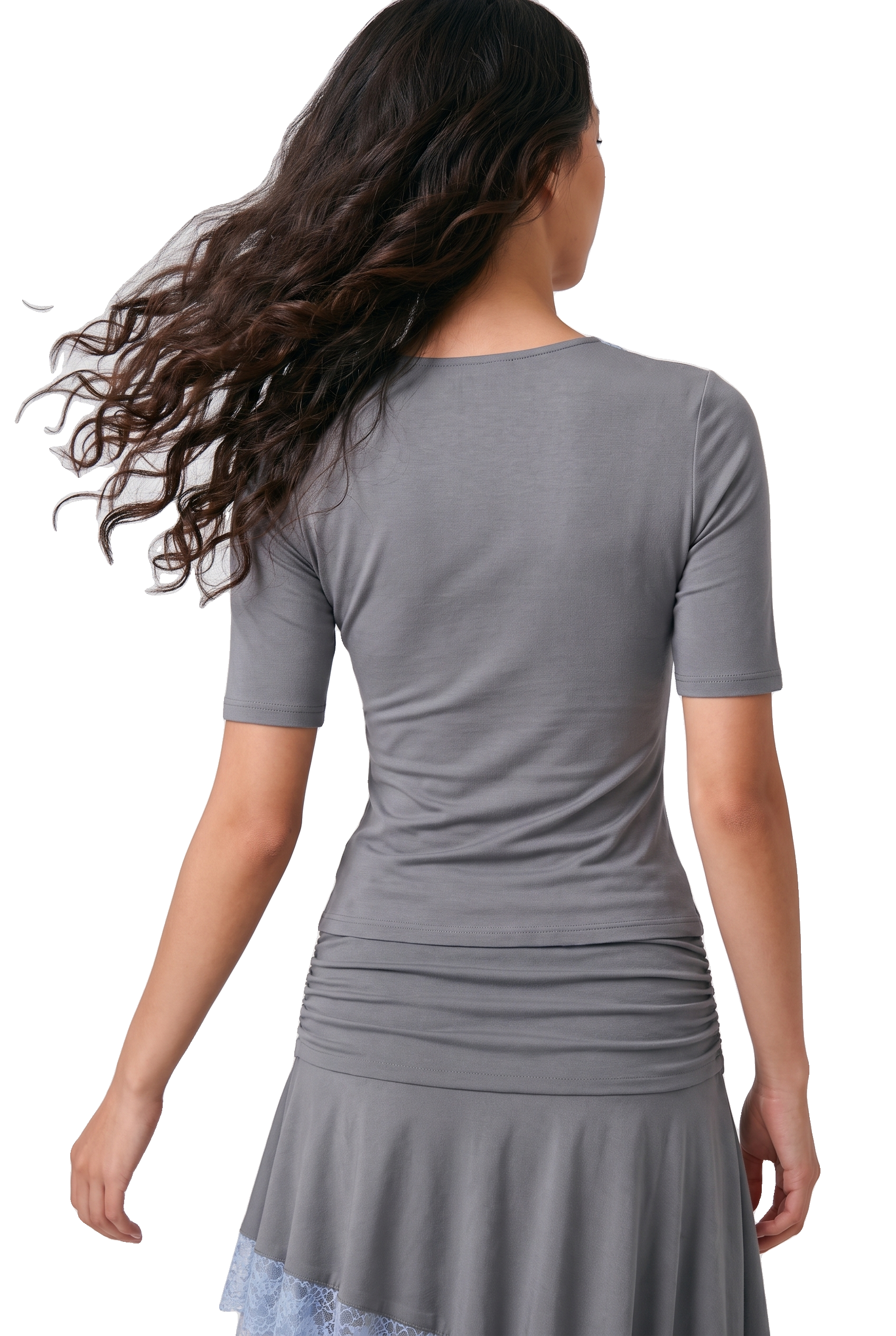 Elara V-Neck Lace Trim Shirt Dark Grey / Blue Lace image