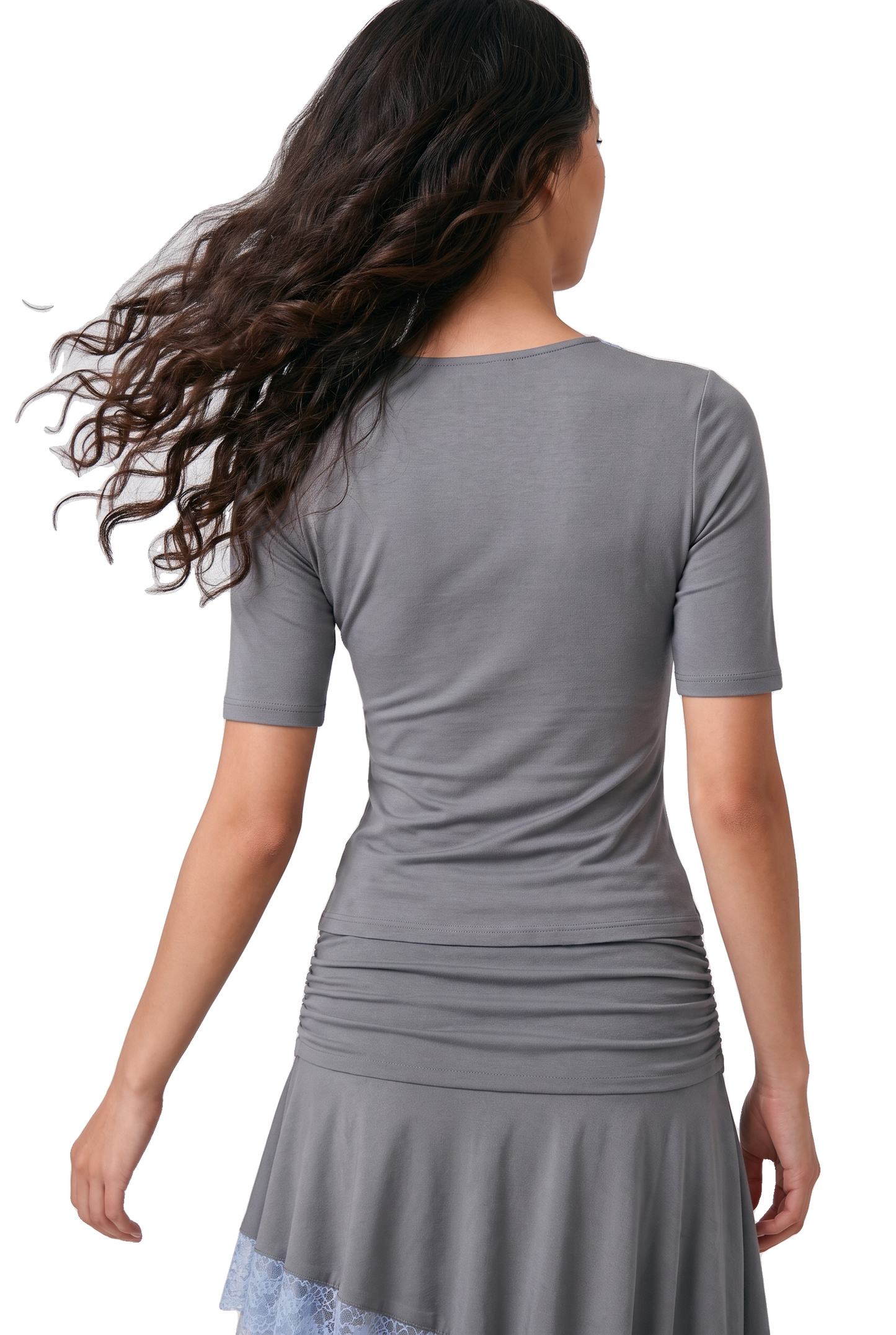 Elara V-Neck Lace Trim Shirt Dark Grey / Blue Lace image