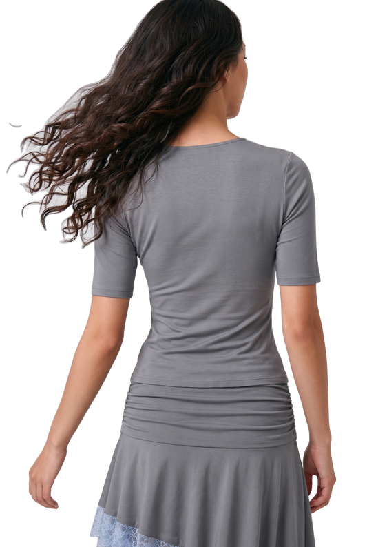 Elara V-Neck Lace Trim Shirt Dark Grey / Blue Lace image