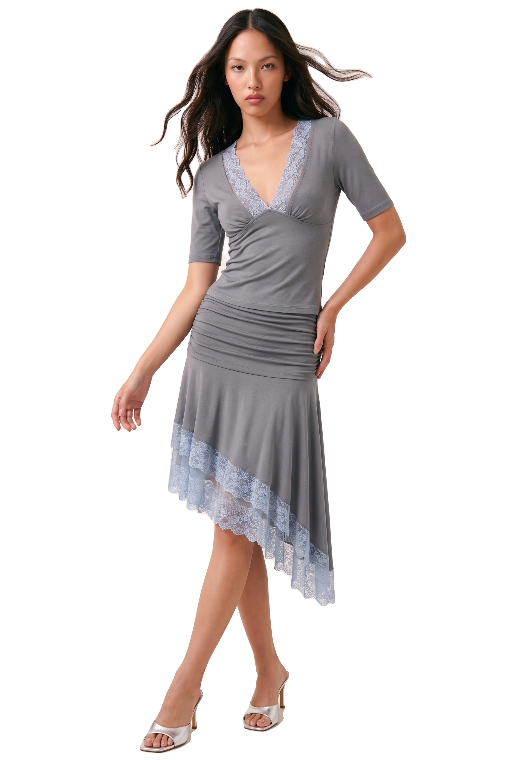 Estelle Asymmetrical Lace Trim Skirt Dark Grey / Blue Lace image