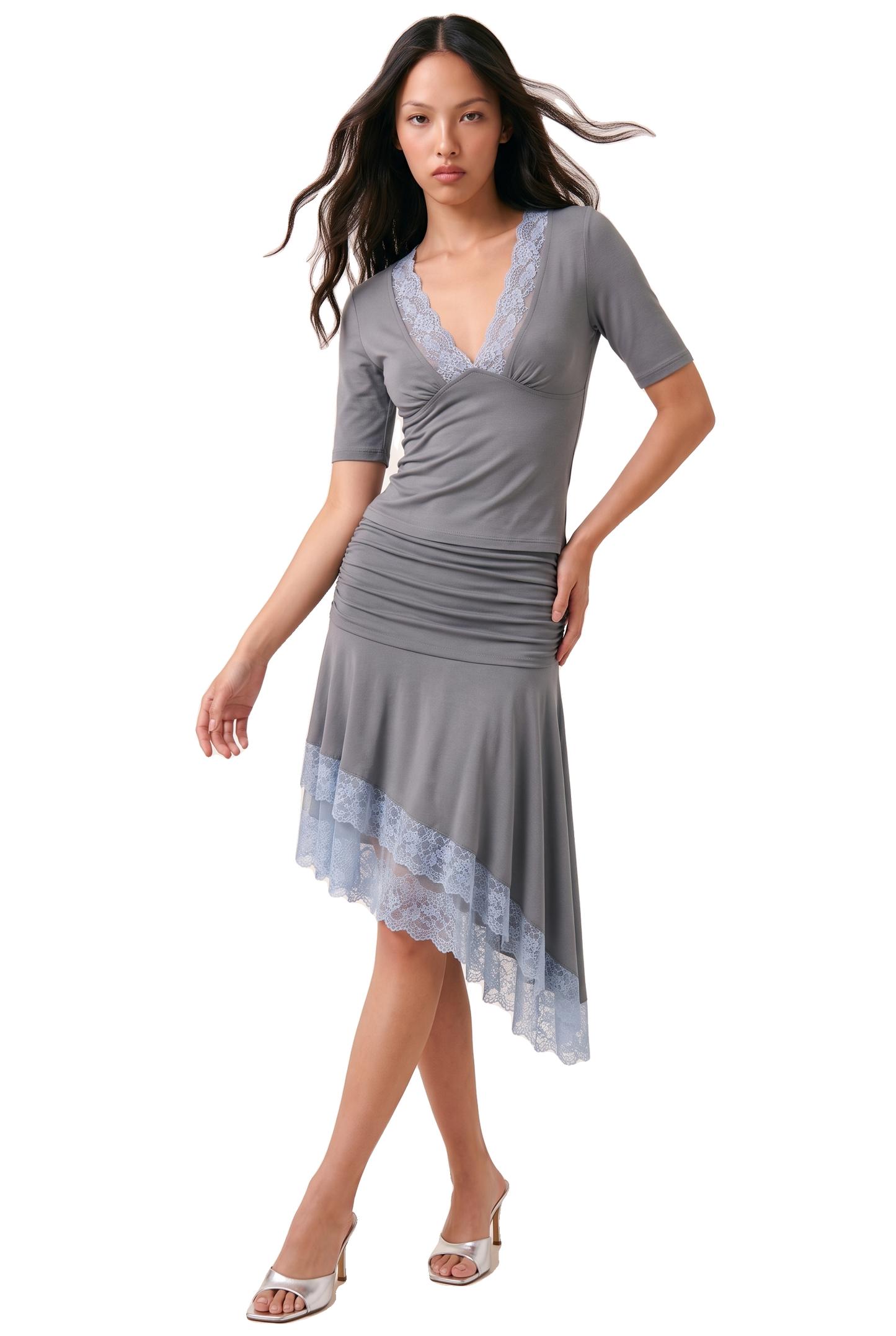Estelle Asymmetrical Lace Trim Skirt Dark Grey / Blue Lace image