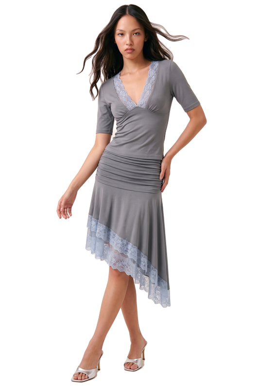 Elara V-Neck Lace Trim Shirt Dark Grey / Blue Lace image