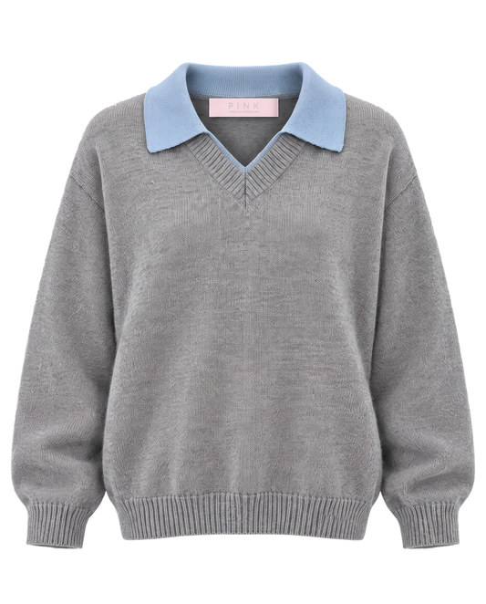 Hailey Contrast Collar Knit Grey/Light Blue - flat lay