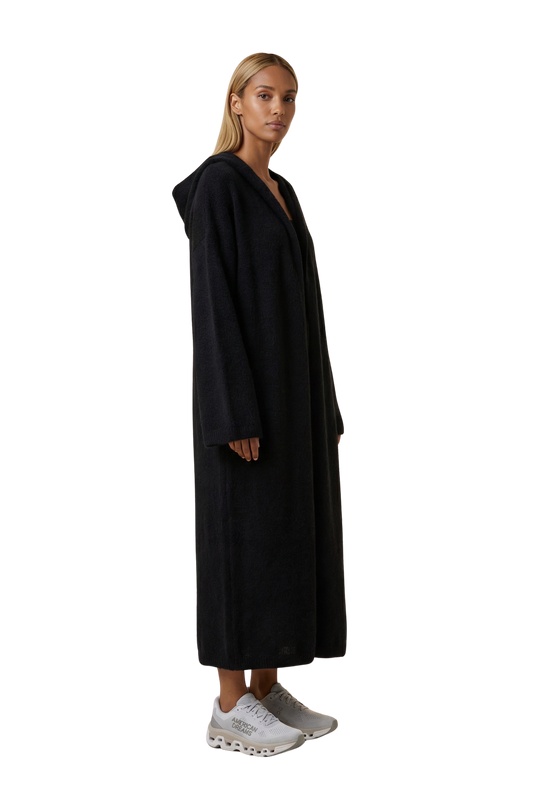 June Long Alpaca Cardigan With Hood Black