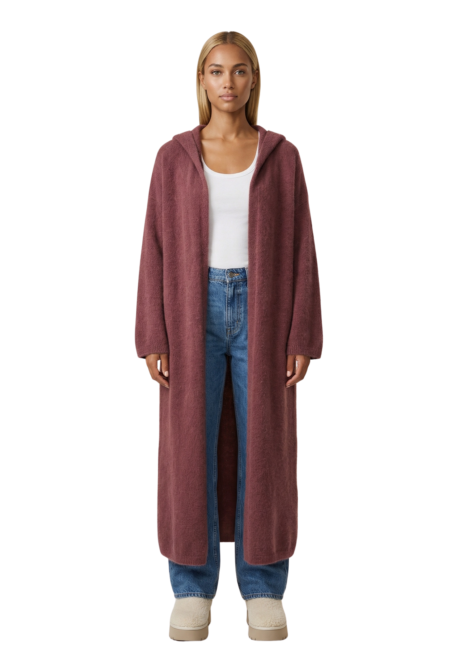June Long Alpaca Cardigan With Hood Bordeaux