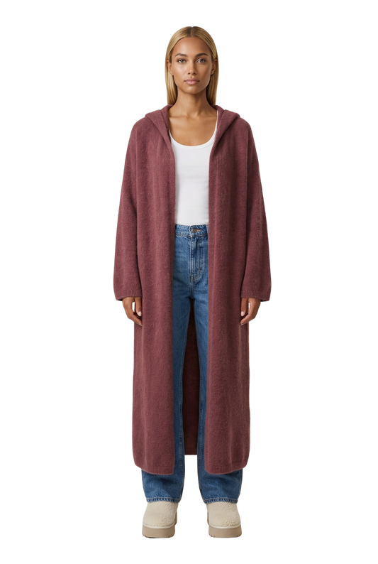 June Long Alpaca Cardigan With Hood Bordeaux