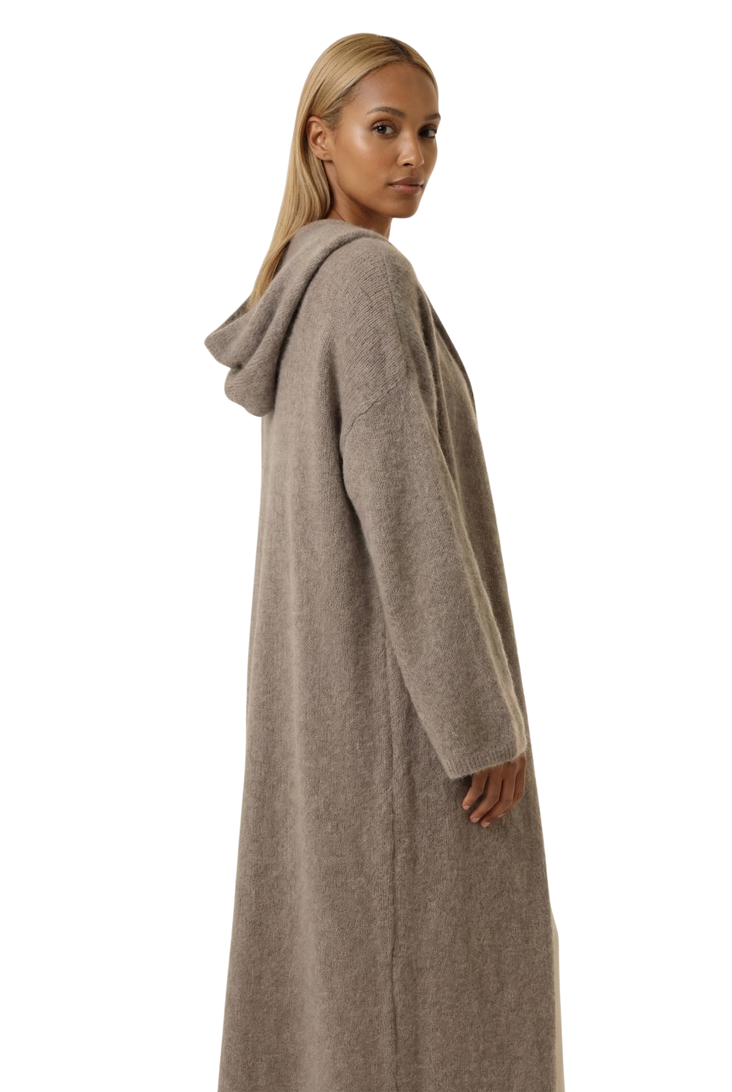 June Long Alpaca Cardigan With Hood Light Taupe