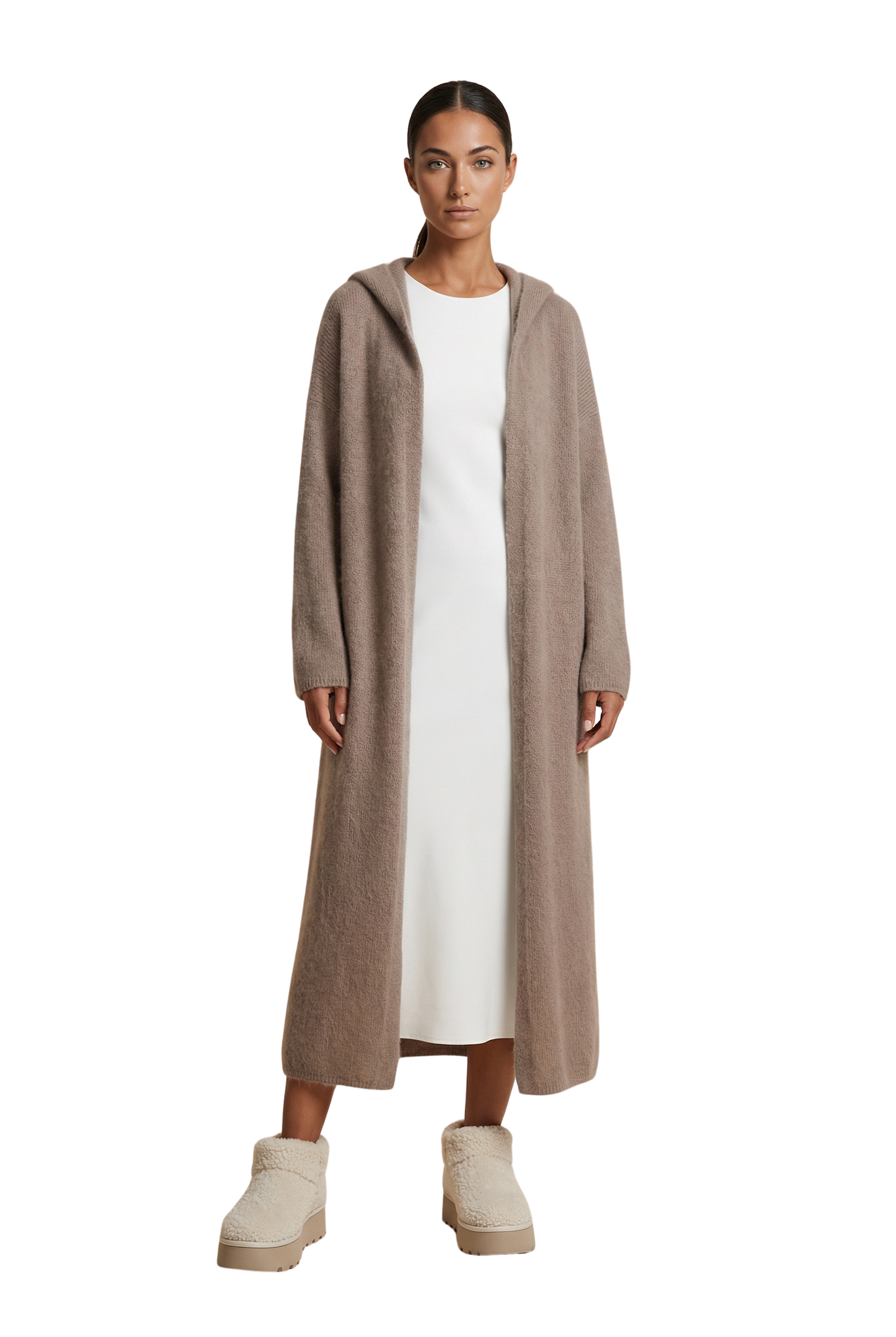 June Long Alpaca Cardigan With Hood Light Taupe