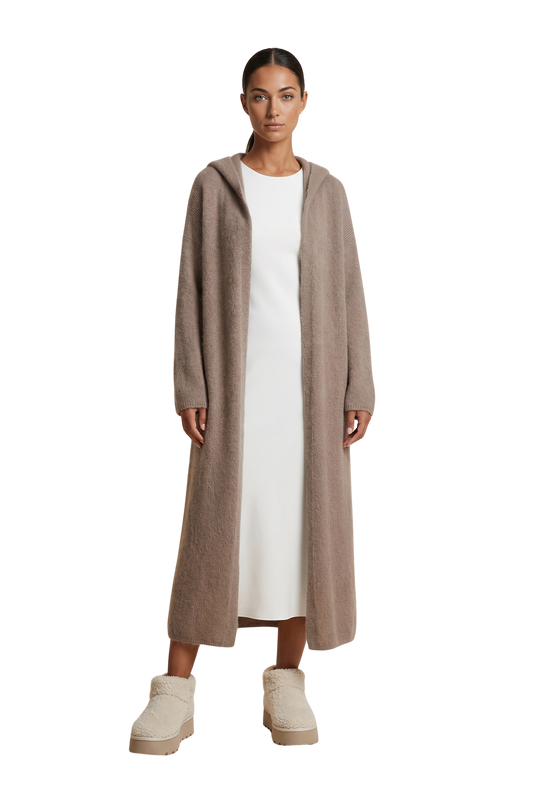 June Long Alpaca Cardigan With Hood Light Taupe
