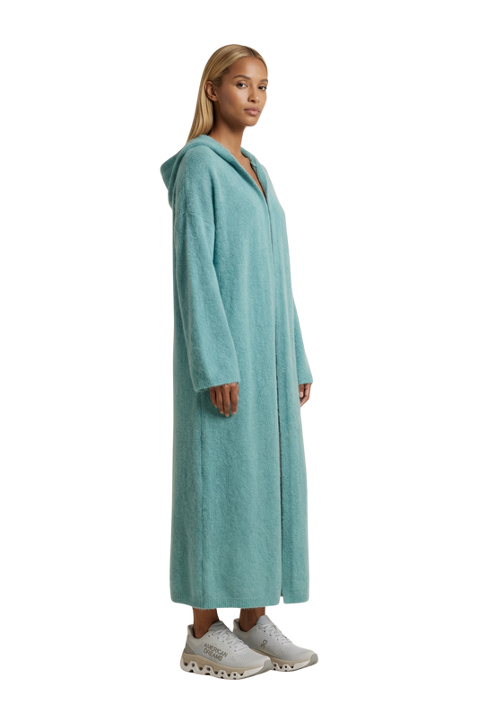 June Long Alpaca Cardigan With Hood Seafoam Green