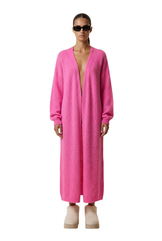 June Long Alpaca Cardigan Neon Pink