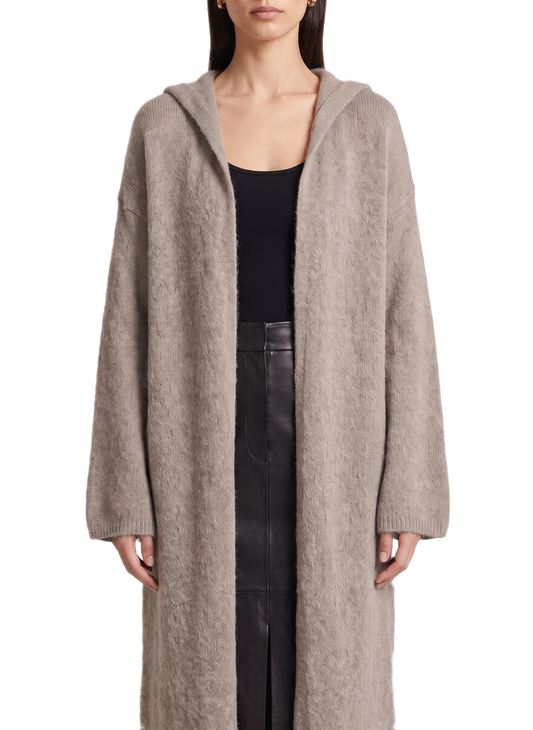 June Long Alpaca Cardigan With Hood Light Taupe Model
