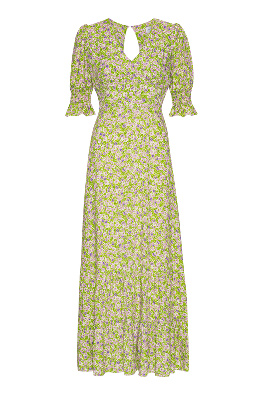Koko Dress Long Open Back 	Green Purple Flower
