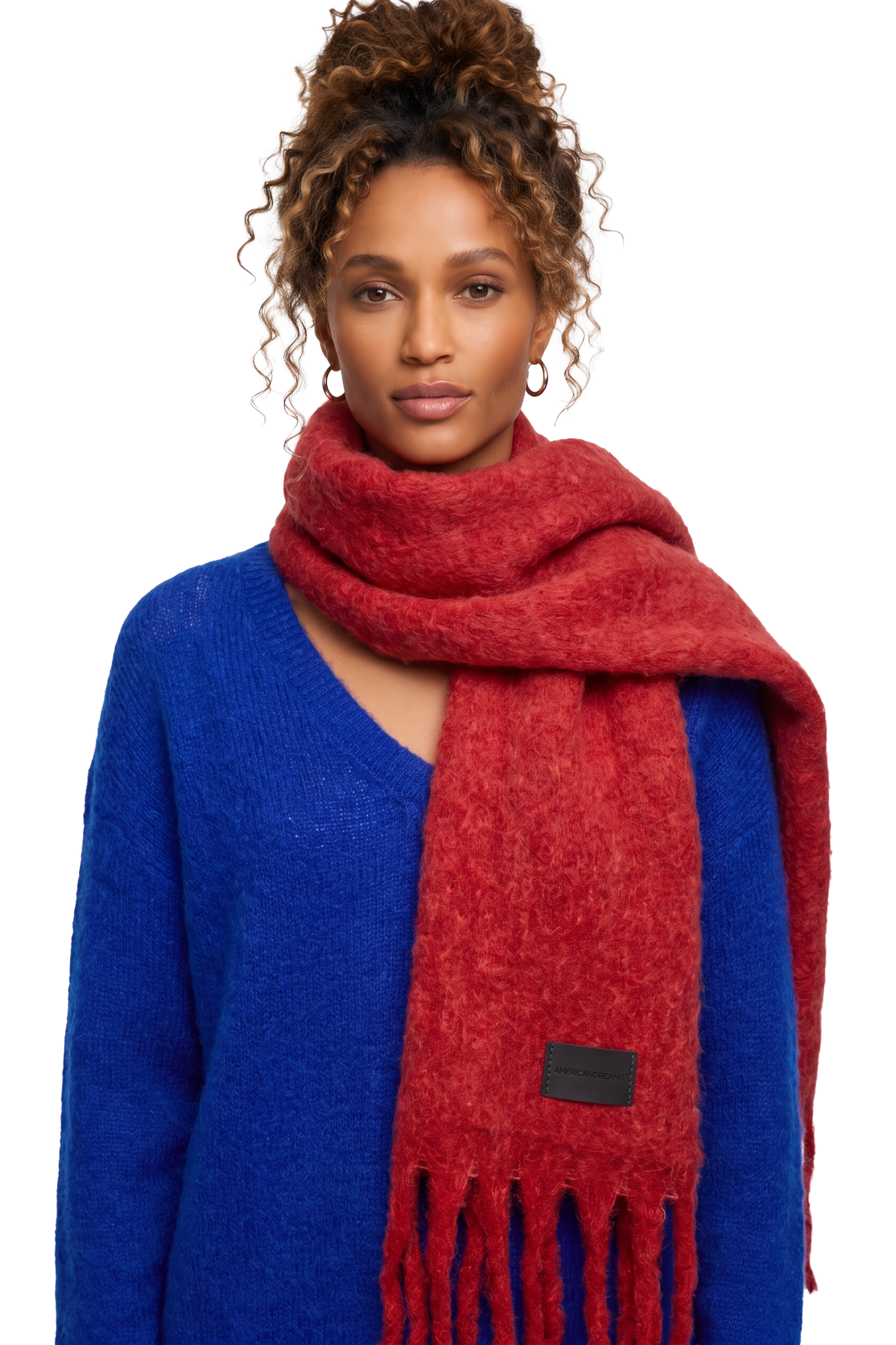 Maui Oversized Fringe Scarf Cerise Red Model