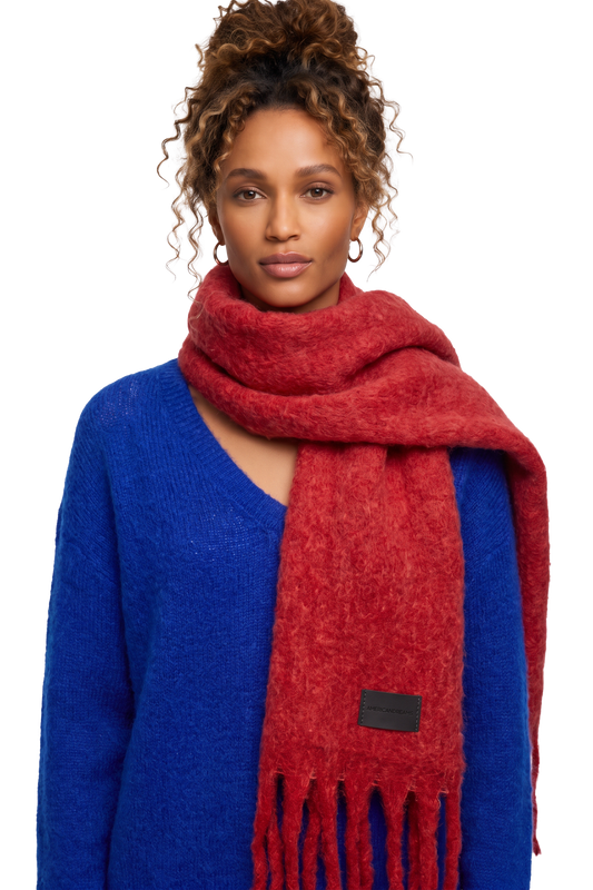 Maui Oversized Fringe Scarf Cerise Red Model