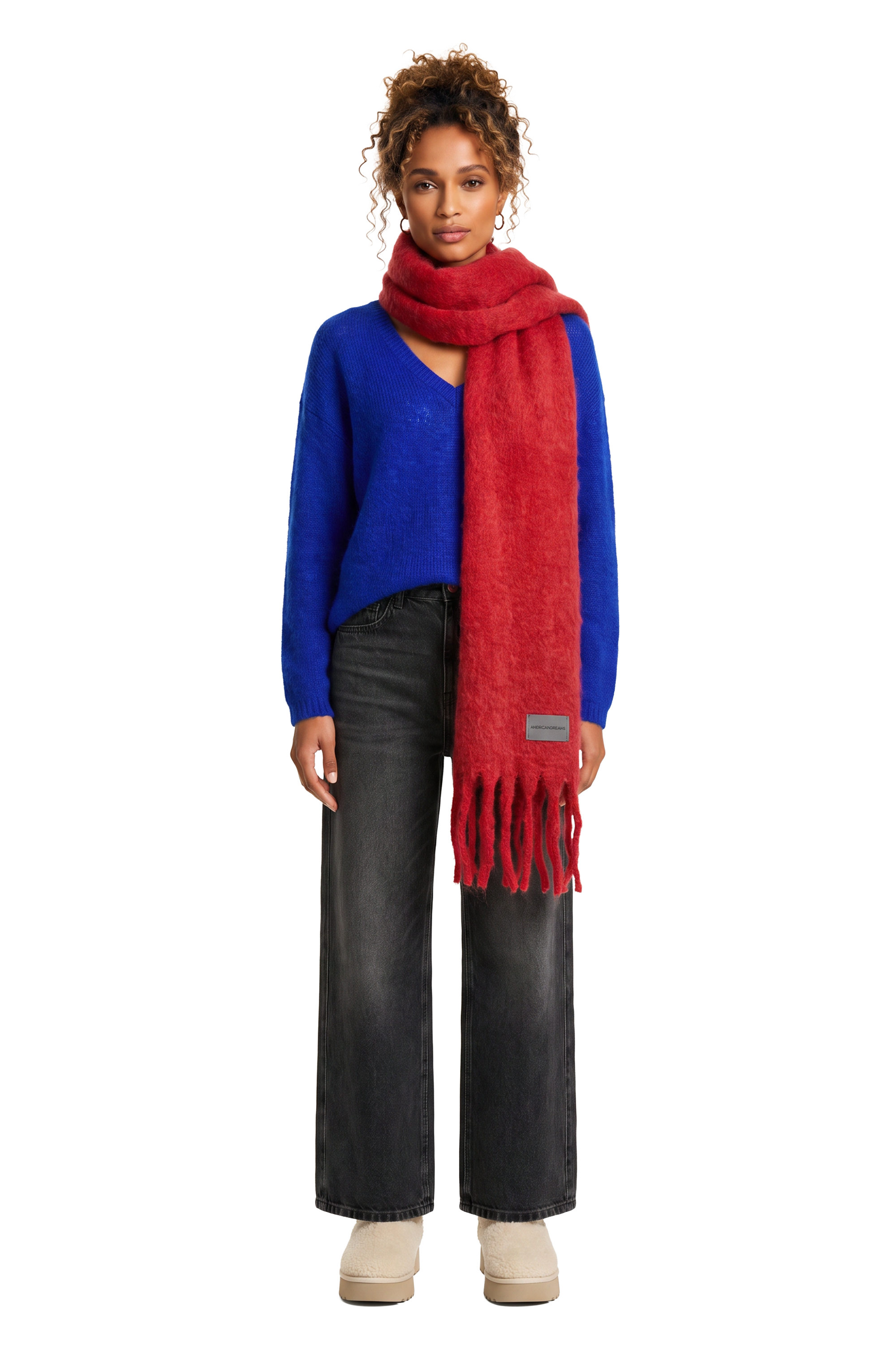 Maui Oversized Fringe Scarf Cerise Red Model