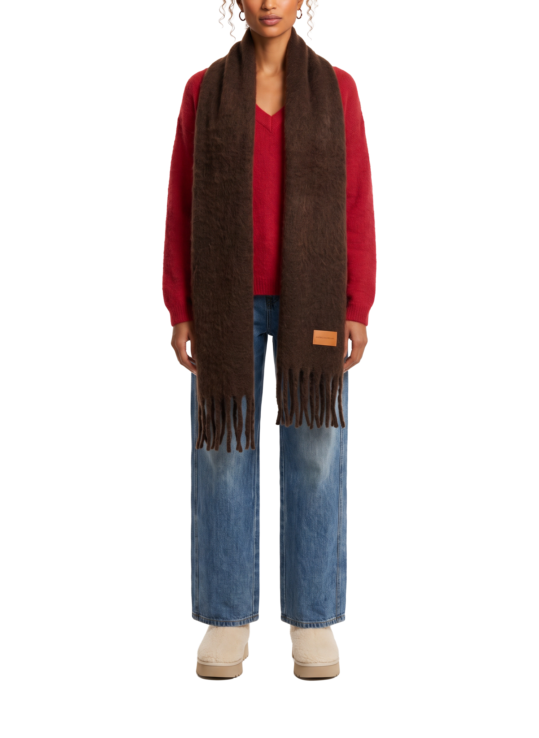 Maui Oversized Fringe Scarf Cocoa Model